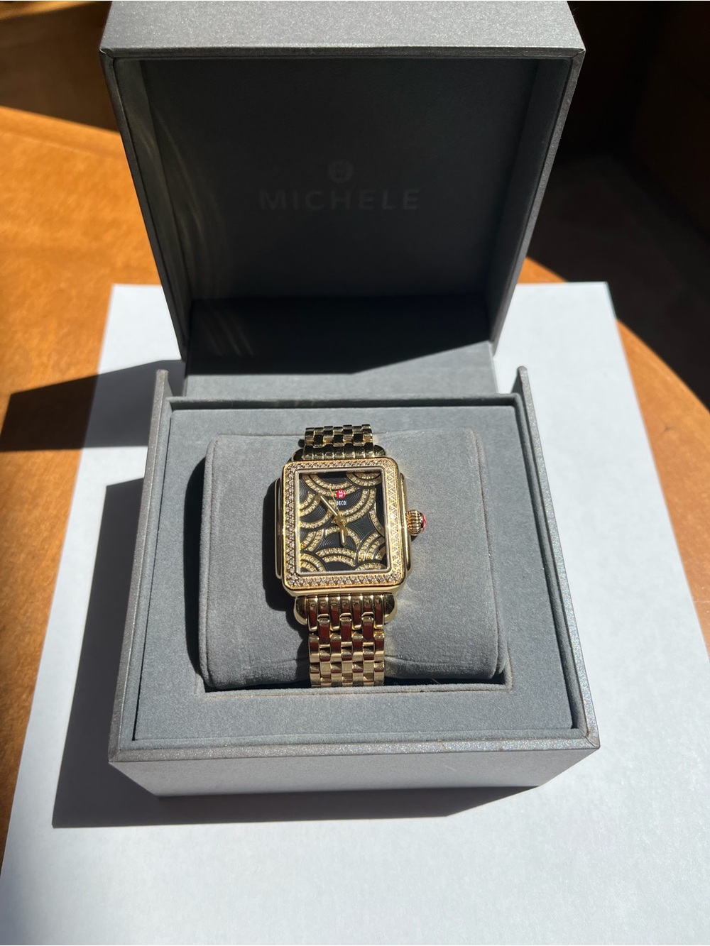 Michele Gold-Tone Black Dial Diamond Accent Deco Bracelet Watch